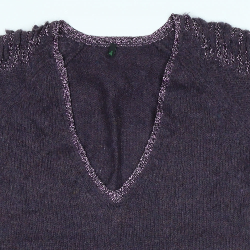 Stile Benetton Womens Purple V-Neck Polyimide Vest Jumper Size M - Logo