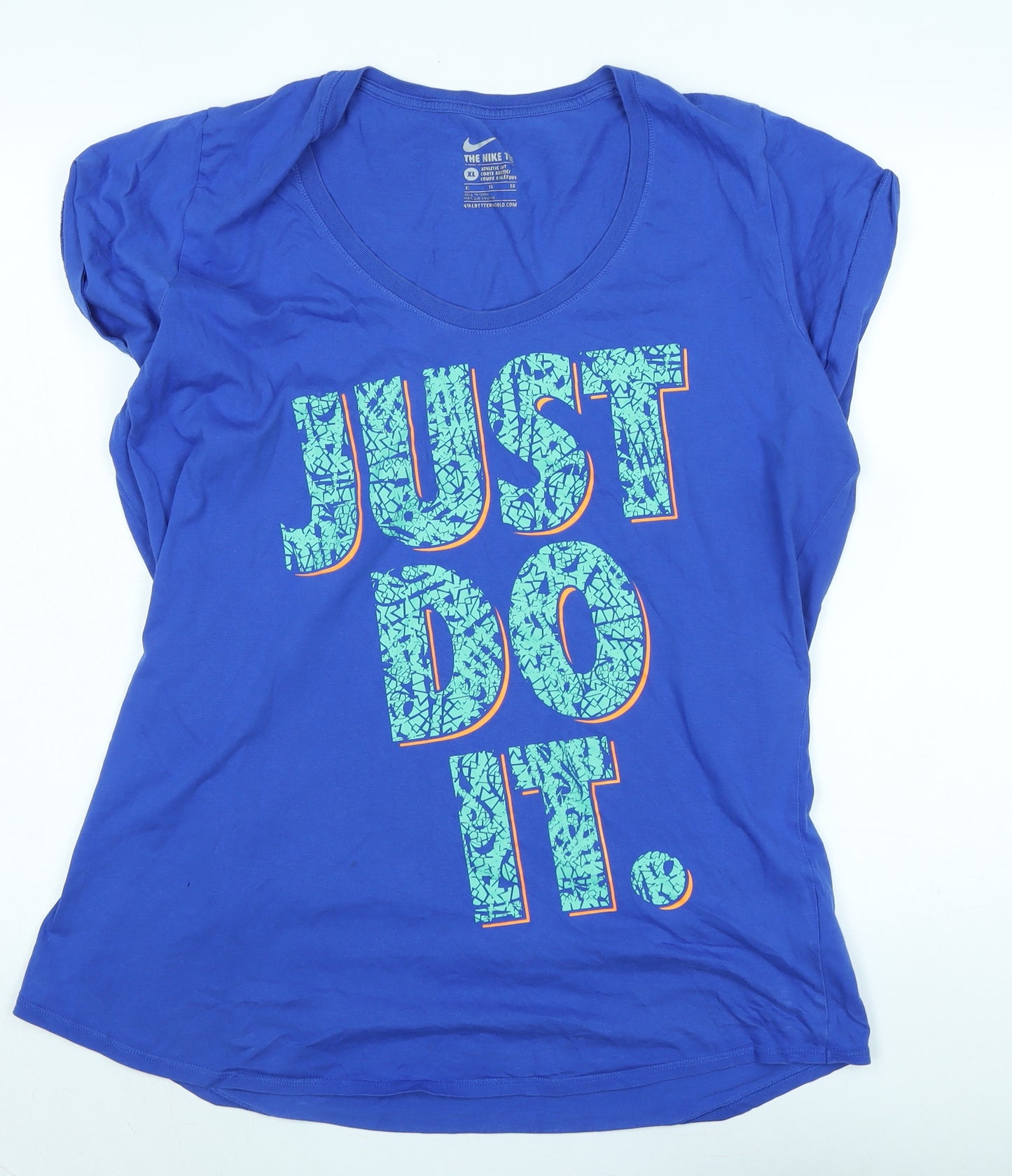 Nike Womens Blue Cotton Basic T-Shirt Size XL Scoop Neck - Logo - Just do it.