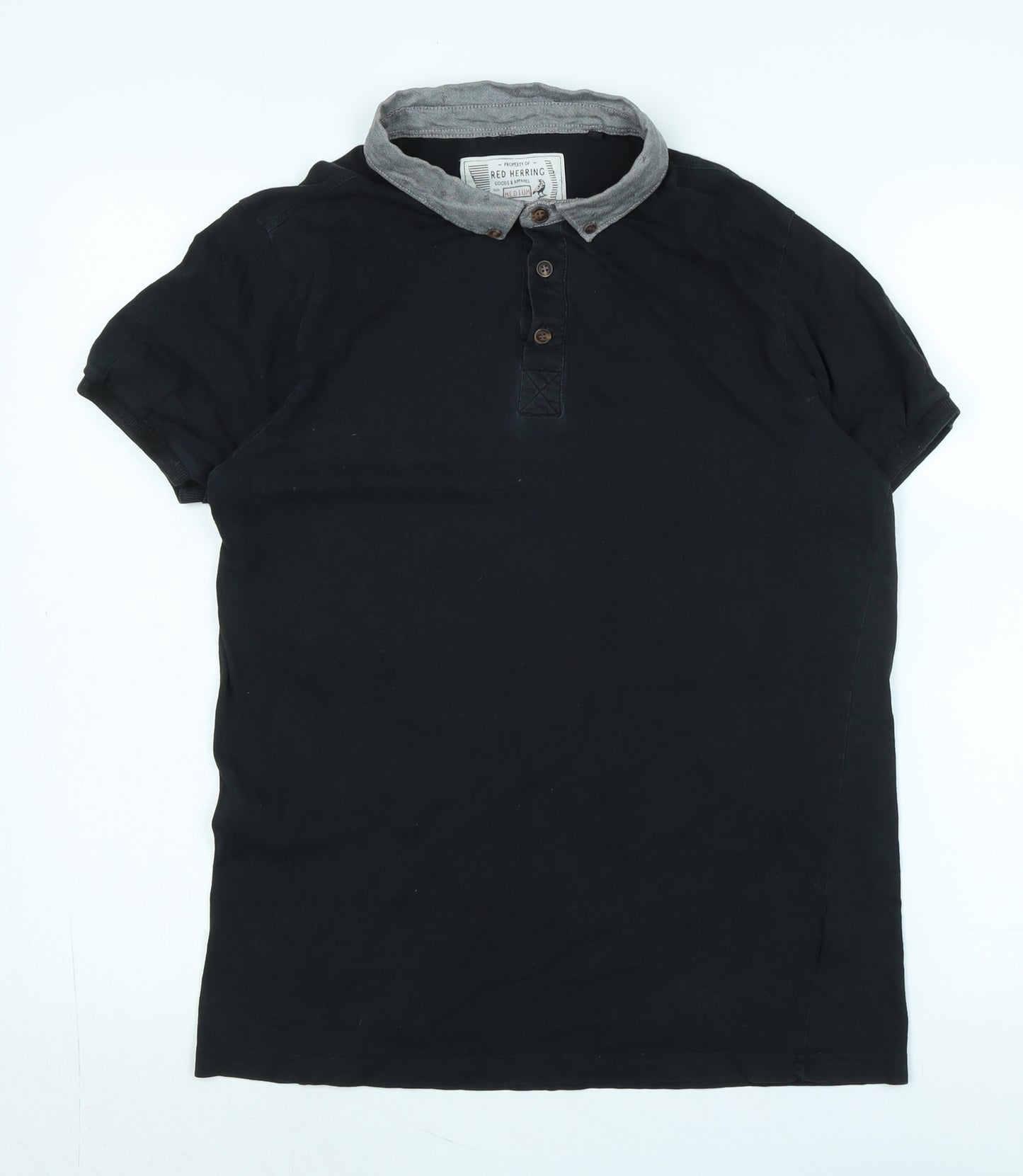 Red Herring Mens Black Cotton Polo Size M Collared - Logo