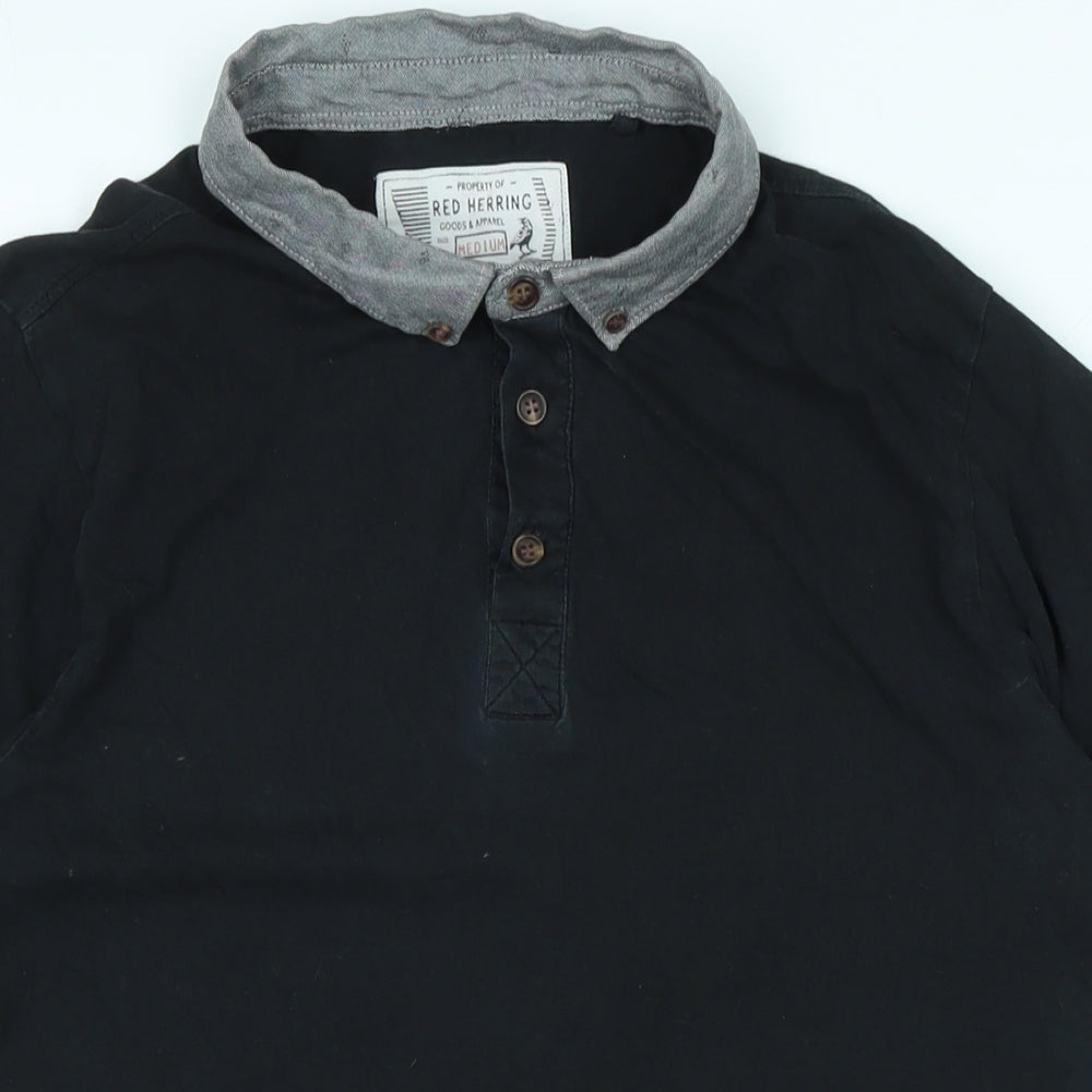 Red Herring Mens Black Cotton Polo Size M Collared - Logo