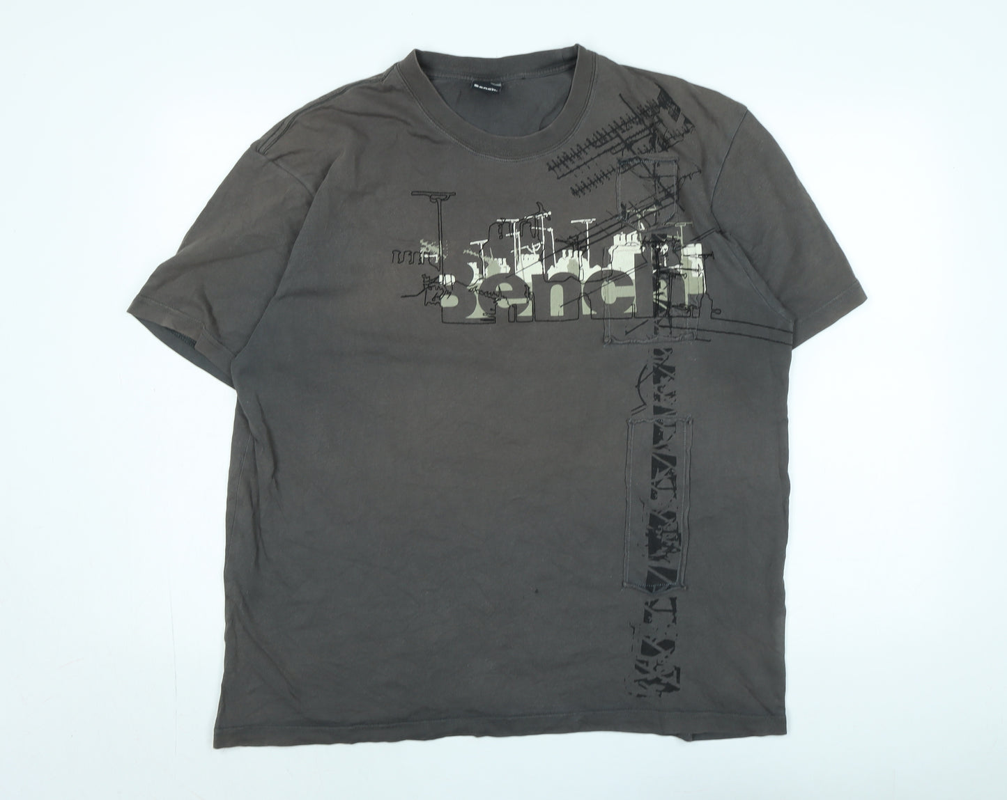 Bench Mens Grey Cotton T-Shirt Size XL Crew Neck - Logo