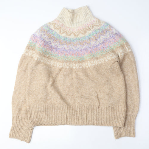 Marks and Spencer Womens Beige Mock Neck Fair Isle Acrylic Pullover Jumper Size M