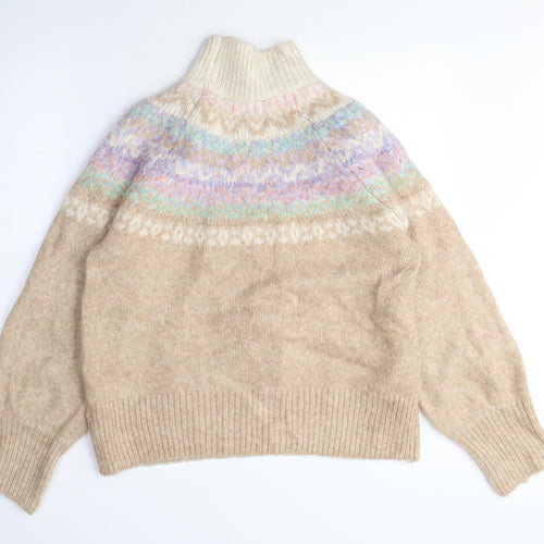 Marks and Spencer Womens Beige Mock Neck Fair Isle Acrylic Pullover Jumper Size M