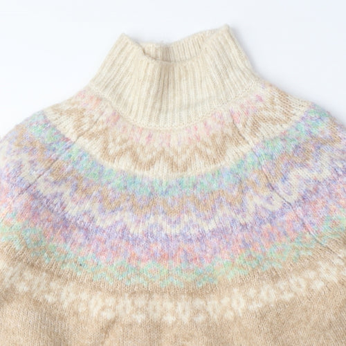 Marks and Spencer Womens Beige Mock Neck Fair Isle Acrylic Pullover Jumper Size M