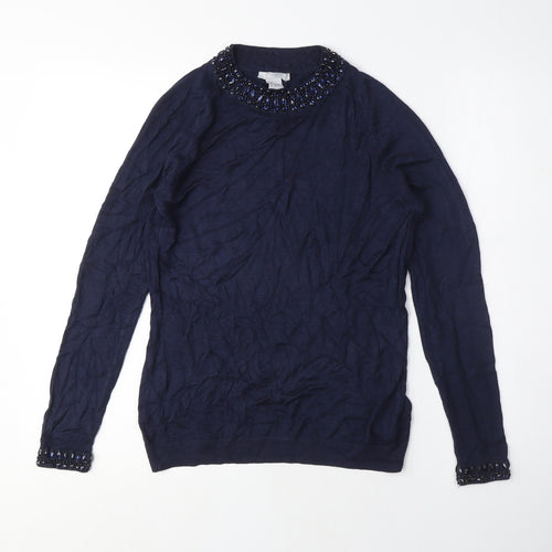 H&M Womens Blue Crew Neck Viscose Pullover Jumper Size S - Beaded NeckLine