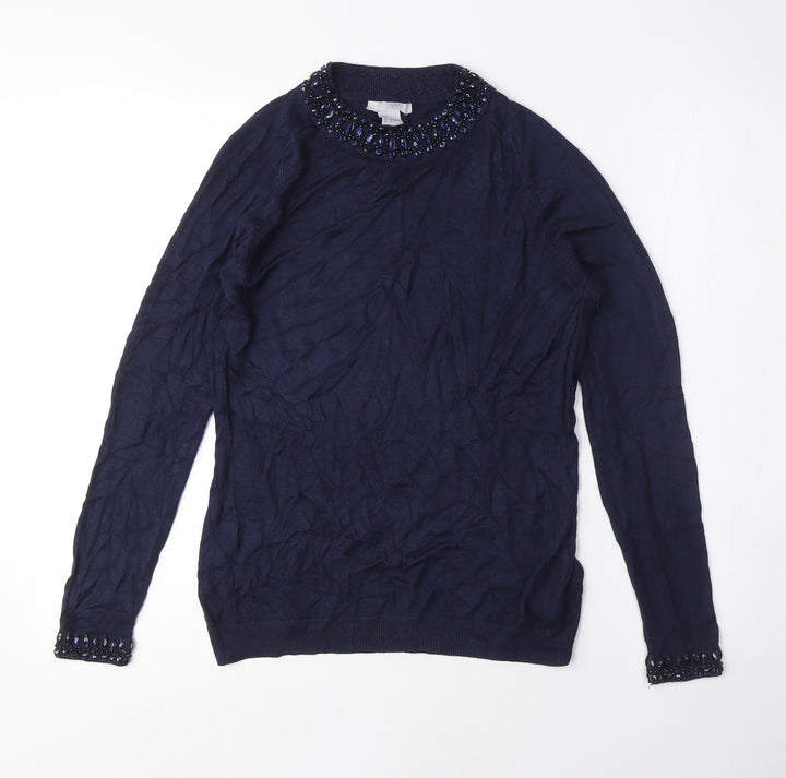 H&M Womens Blue Crew Neck Viscose Pullover Jumper Size S - Beaded NeckLine