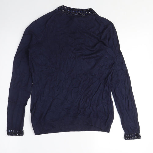 H&M Womens Blue Crew Neck Viscose Pullover Jumper Size S - Beaded NeckLine