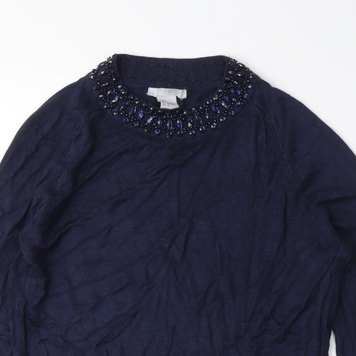 H&M Womens Blue Crew Neck Viscose Pullover Jumper Size S - Beaded NeckLine