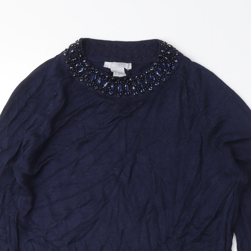 H&M Womens Blue Crew Neck Viscose Pullover Jumper Size S - Beaded NeckLine