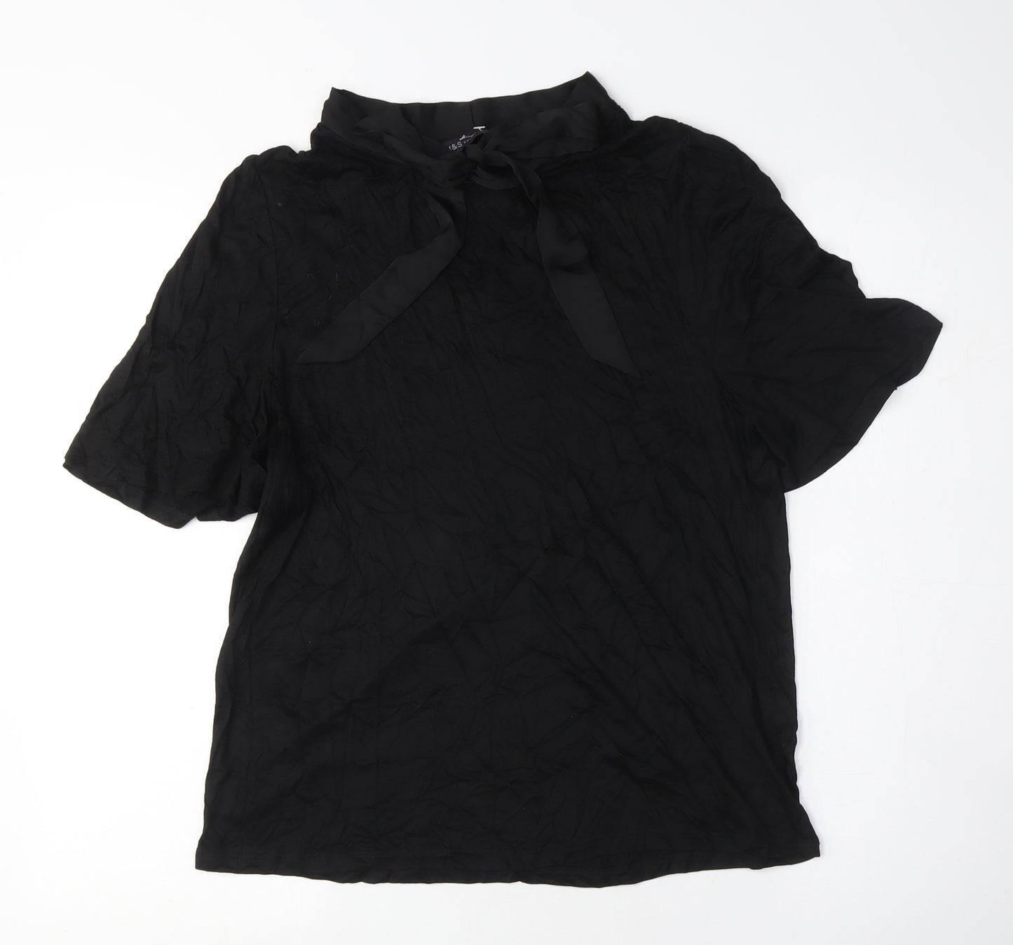 Marks and Spencer Womens Black Viscose Basic T-Shirt Size 14 V-Neck - Ribbon Tie Neck