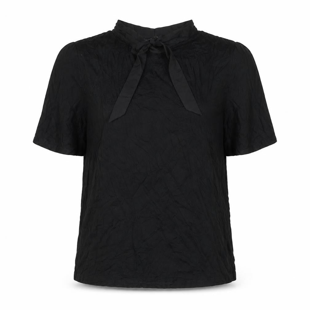 Marks and Spencer Womens Black Viscose Basic T-Shirt Size 14 V-Neck - Ribbon Tie Neck