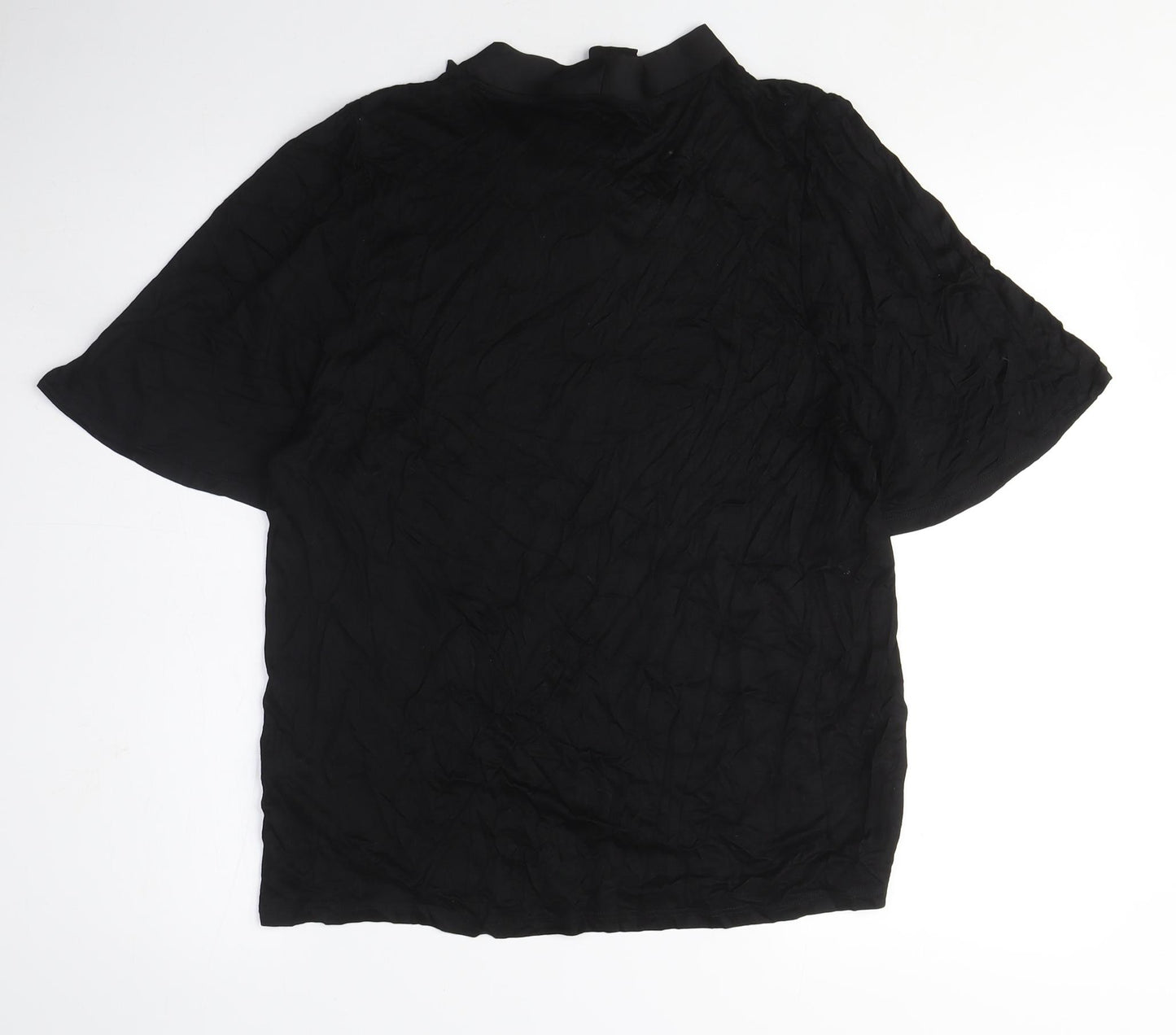 Marks and Spencer Womens Black Viscose Basic T-Shirt Size 14 V-Neck - Ribbon Tie Neck