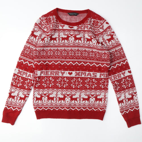 Dorothy Perkins Womens Red Crew Neck Fair Isle Acrylic Pullover Jumper Size 8 - Christmas, Reindeers