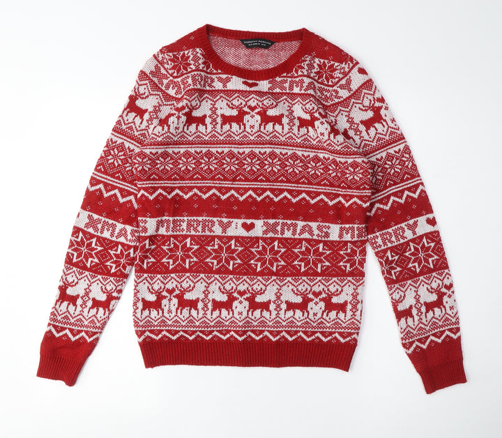 Dorothy Perkins Womens Red Crew Neck Fair Isle Acrylic Pullover Jumper Size 8 - Christmas, Reindeers