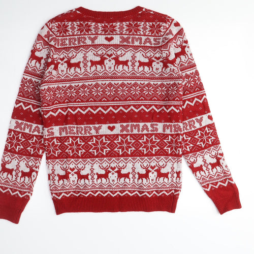 Dorothy Perkins Womens Red Crew Neck Fair Isle Acrylic Pullover Jumper Size 8 - Christmas, Reindeers
