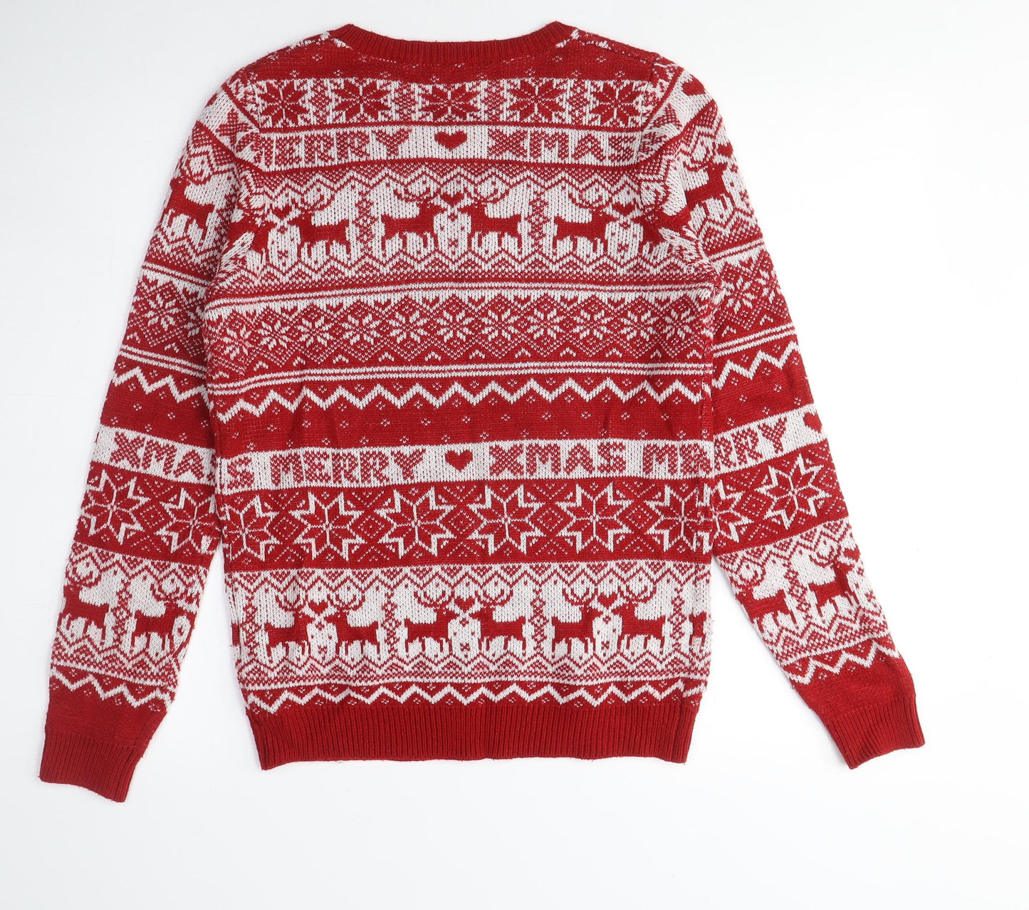 Dorothy Perkins Womens Red Crew Neck Fair Isle Acrylic Pullover Jumper Size 8 - Christmas, Reindeers