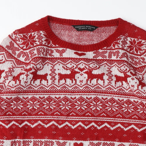 Dorothy Perkins Womens Red Crew Neck Fair Isle Acrylic Pullover Jumper Size 8 - Christmas, Reindeers