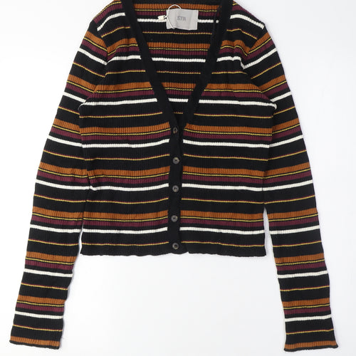 Stradviarius Womens Black V-Neck Striped Cotton Cardigan Jumper Size L