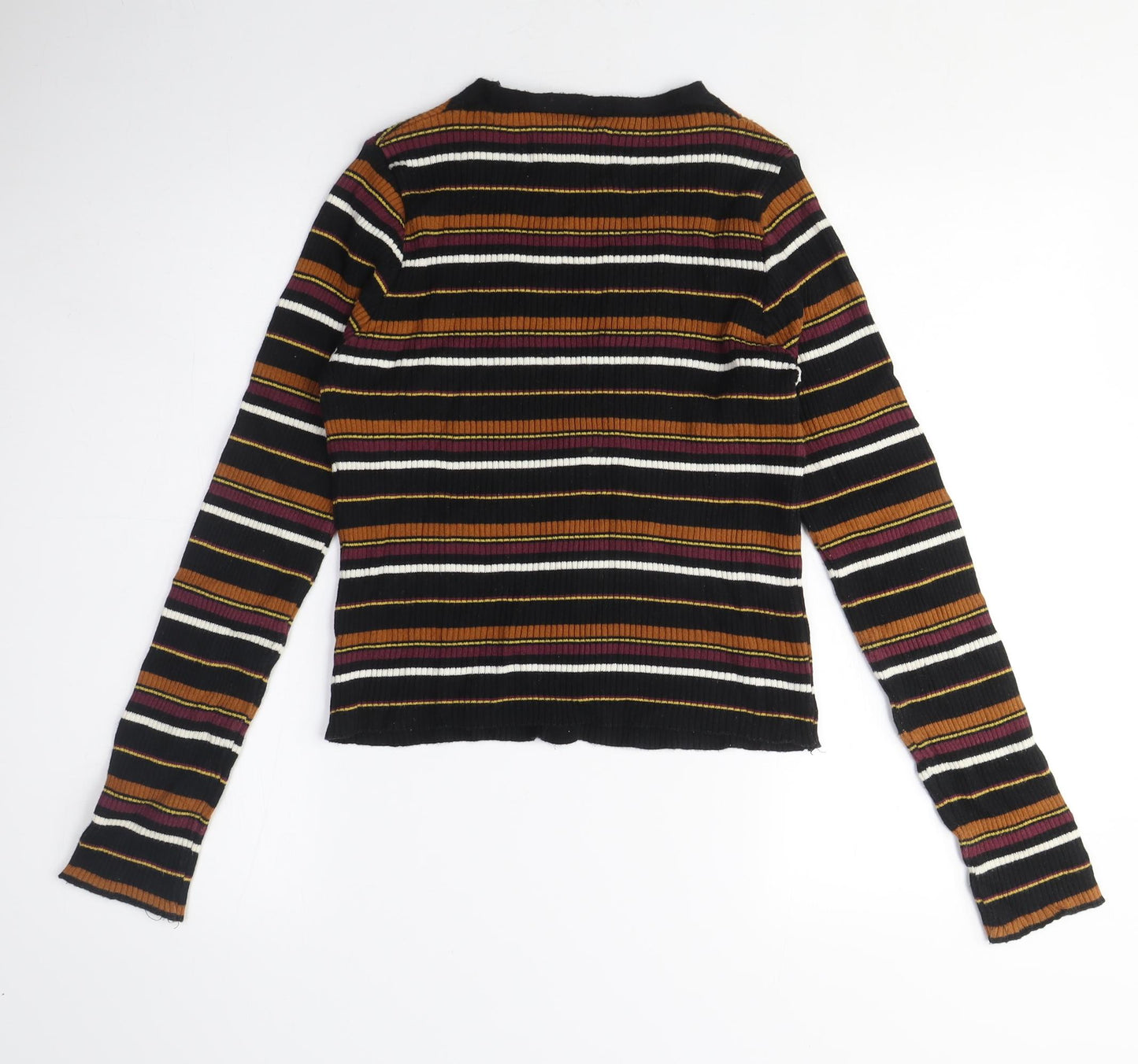 Stradviarius Womens Black V-Neck Striped Cotton Cardigan Jumper Size L