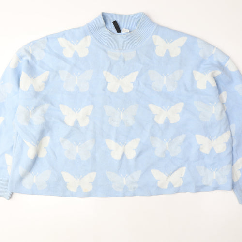 Divided Womens Blue Mock Neck Acrylic Pullover Jumper Size 3XL - Cropped, Butterflies