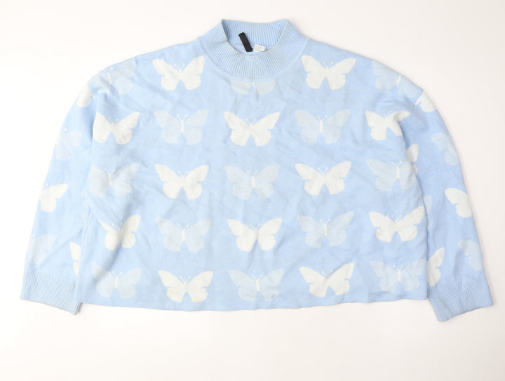 Divided Womens Blue Mock Neck Acrylic Pullover Jumper Size 3XL - Cropped, Butterflies