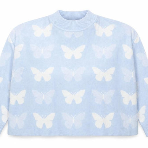Divided Womens Blue Mock Neck Acrylic Pullover Jumper Size 3XL - Cropped, Butterflies