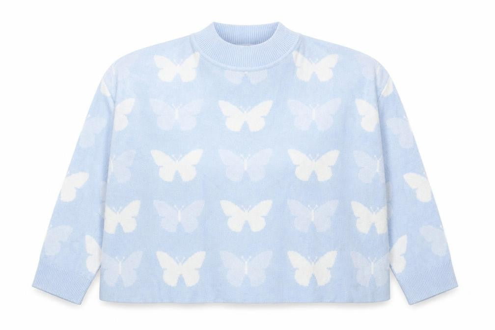 Divided Womens Blue Mock Neck Acrylic Pullover Jumper Size 3XL - Cropped, Butterflies