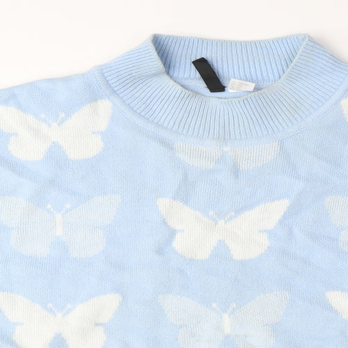 Divided Womens Blue Mock Neck Acrylic Pullover Jumper Size 3XL - Cropped, Butterflies