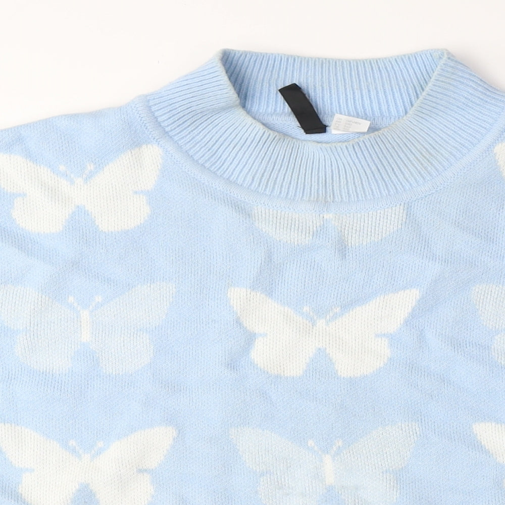 Divided Womens Blue Mock Neck Acrylic Pullover Jumper Size 3XL - Cropped, Butterflies
