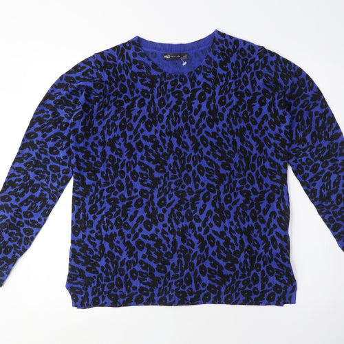 Marks and Spencer Womens Blue Crew Neck Animal Print Acrylic Pullover Jumper Size 14 - Leopard Print