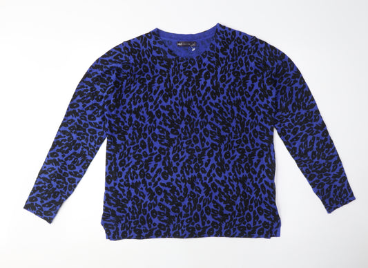 Marks and Spencer Womens Blue Crew Neck Animal Print Acrylic Pullover Jumper Size 14 - Leopard Print