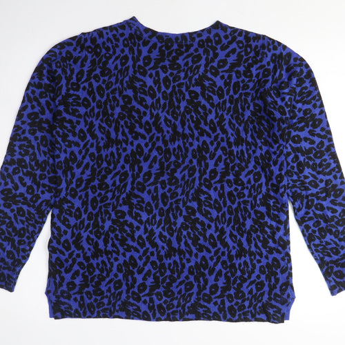 Marks and Spencer Womens Blue Crew Neck Animal Print Acrylic Pullover Jumper Size 14 - Leopard Print