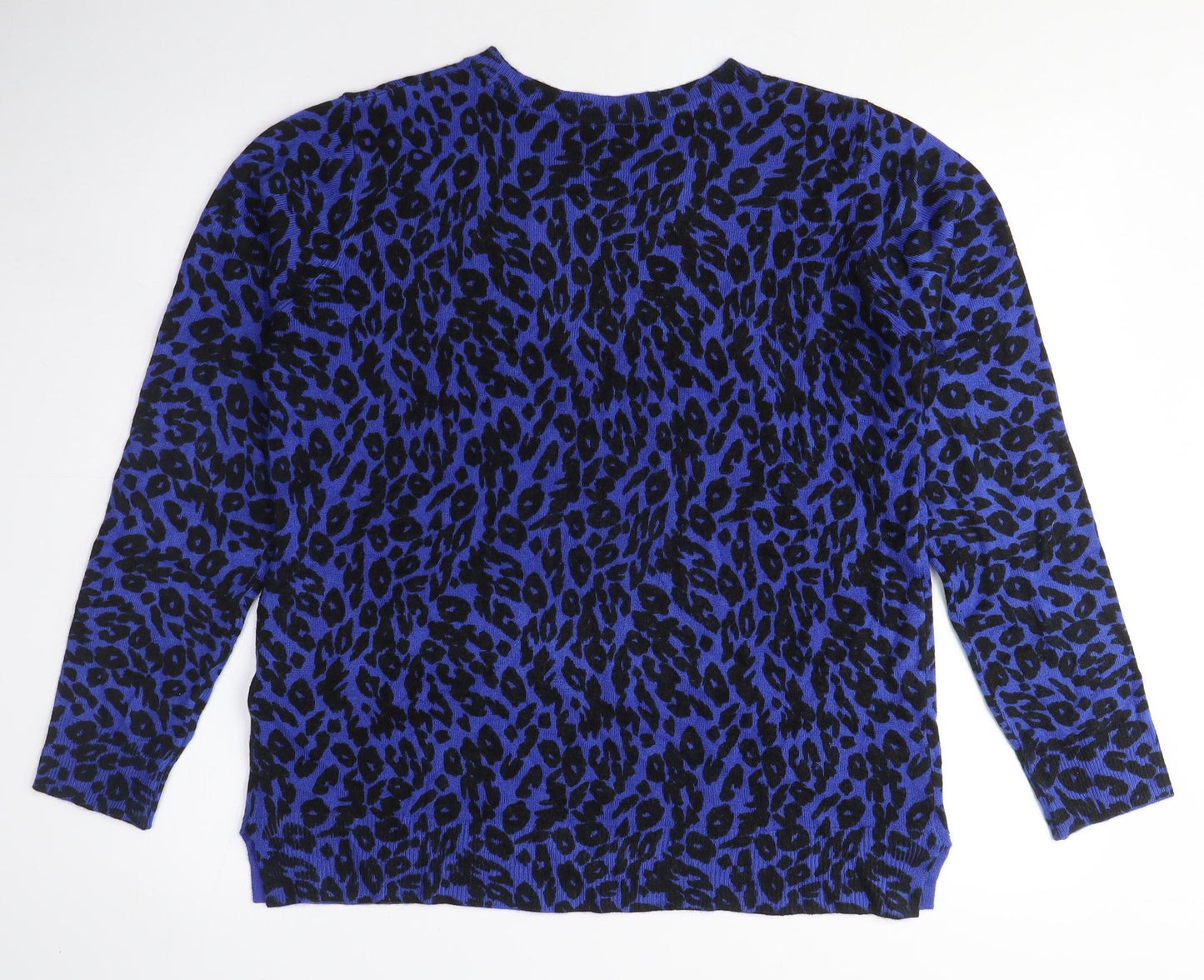 Marks and Spencer Womens Blue Crew Neck Animal Print Acrylic Pullover Jumper Size 14 - Leopard Print