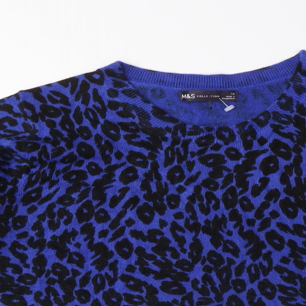 Marks and Spencer Womens Blue Crew Neck Animal Print Acrylic Pullover Jumper Size 14 - Leopard Print