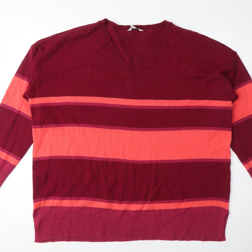 M&Co Womens Pink V-Neck Striped Acrylic Pullover Jumper Size 16 - Orange Stripes