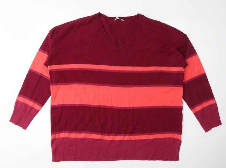 M&Co Womens Pink V-Neck Striped Acrylic Pullover Jumper Size 16 - Orange Stripes