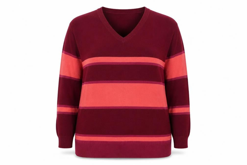 M&Co Womens Pink V-Neck Striped Acrylic Pullover Jumper Size 16 - Orange Stripes
