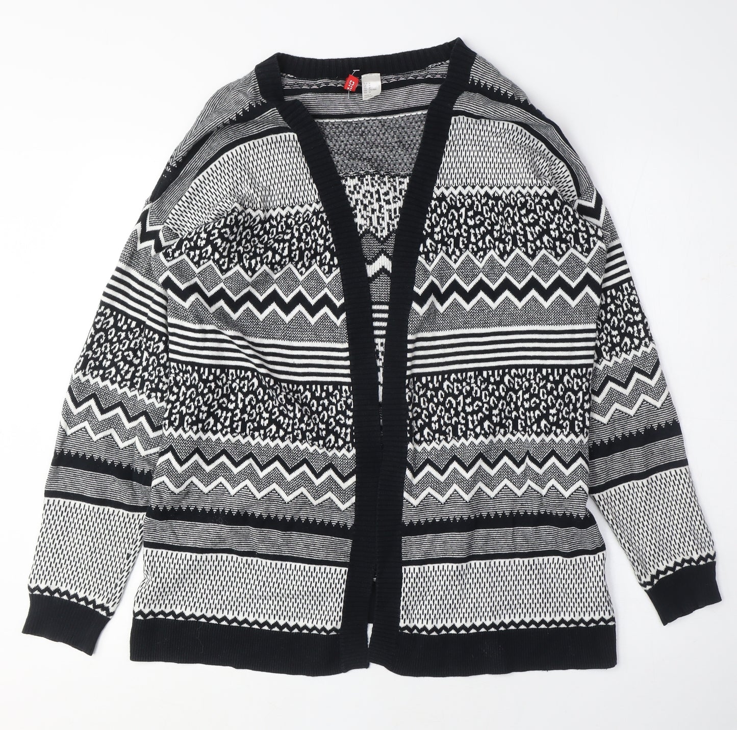 H&M Womens Black Crew Neck Geometric Cotton Cardigan Jumper Size M