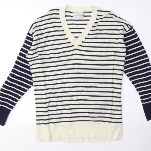 Marks and Spencer Womens Blue V-Neck Striped 100% Merino Wool Pullover Jumper Size M