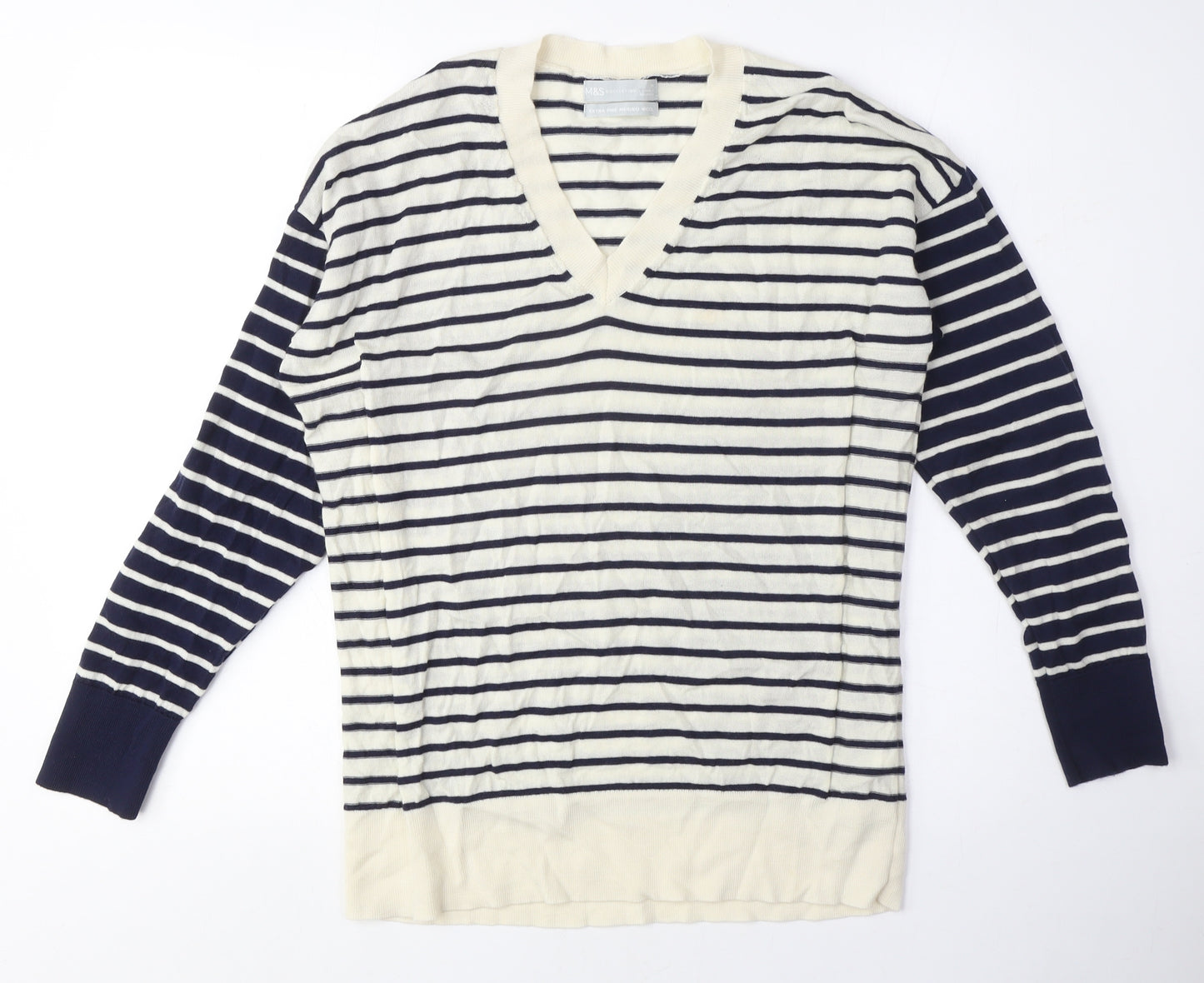 Marks and Spencer Womens Blue V-Neck Striped 100% Merino Wool Pullover Jumper Size M