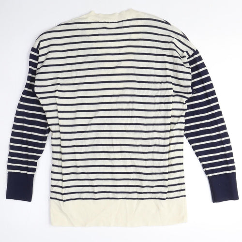 Marks and Spencer Womens Blue V-Neck Striped 100% Merino Wool Pullover Jumper Size M