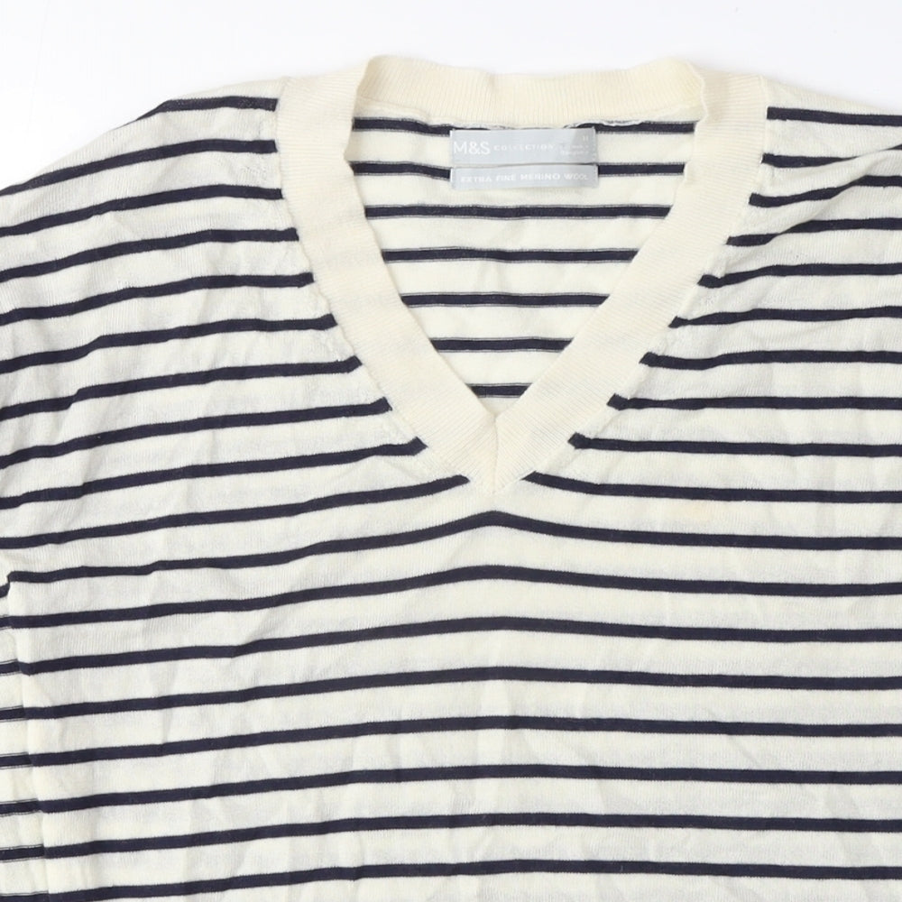 Marks and Spencer Womens Blue V-Neck Striped 100% Merino Wool Pullover Jumper Size M