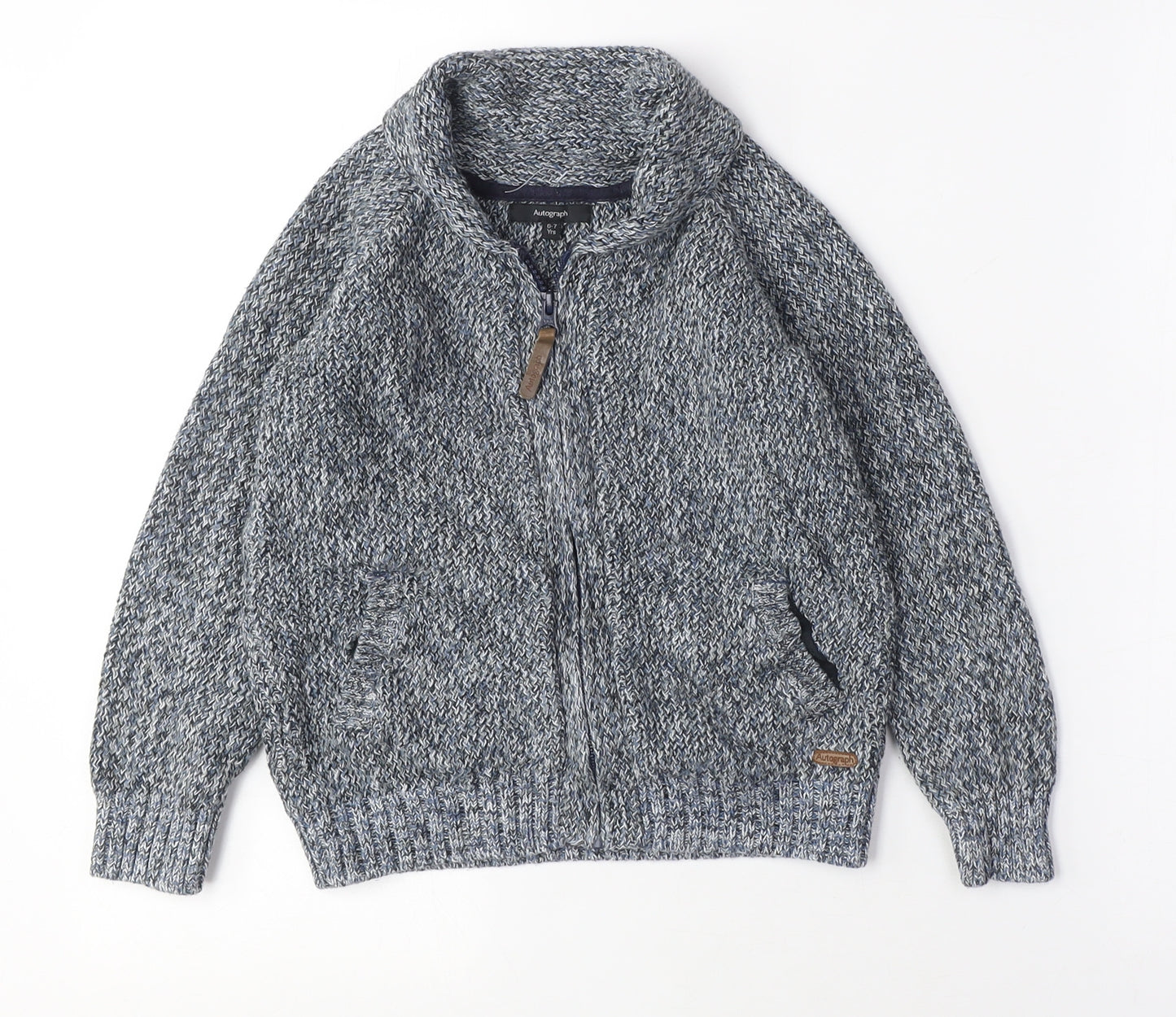 Autograph Boys Blue V-Neck Cotton Cardigan Jumper Size 6-7 Years Zip