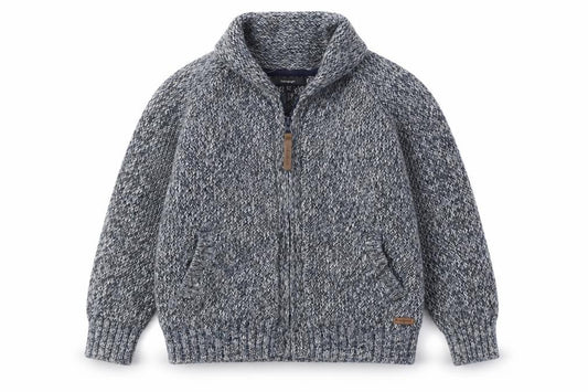 Front view of Autograph boys’ blue v-neck cotton cardigan jumper, size 6-7, years zip