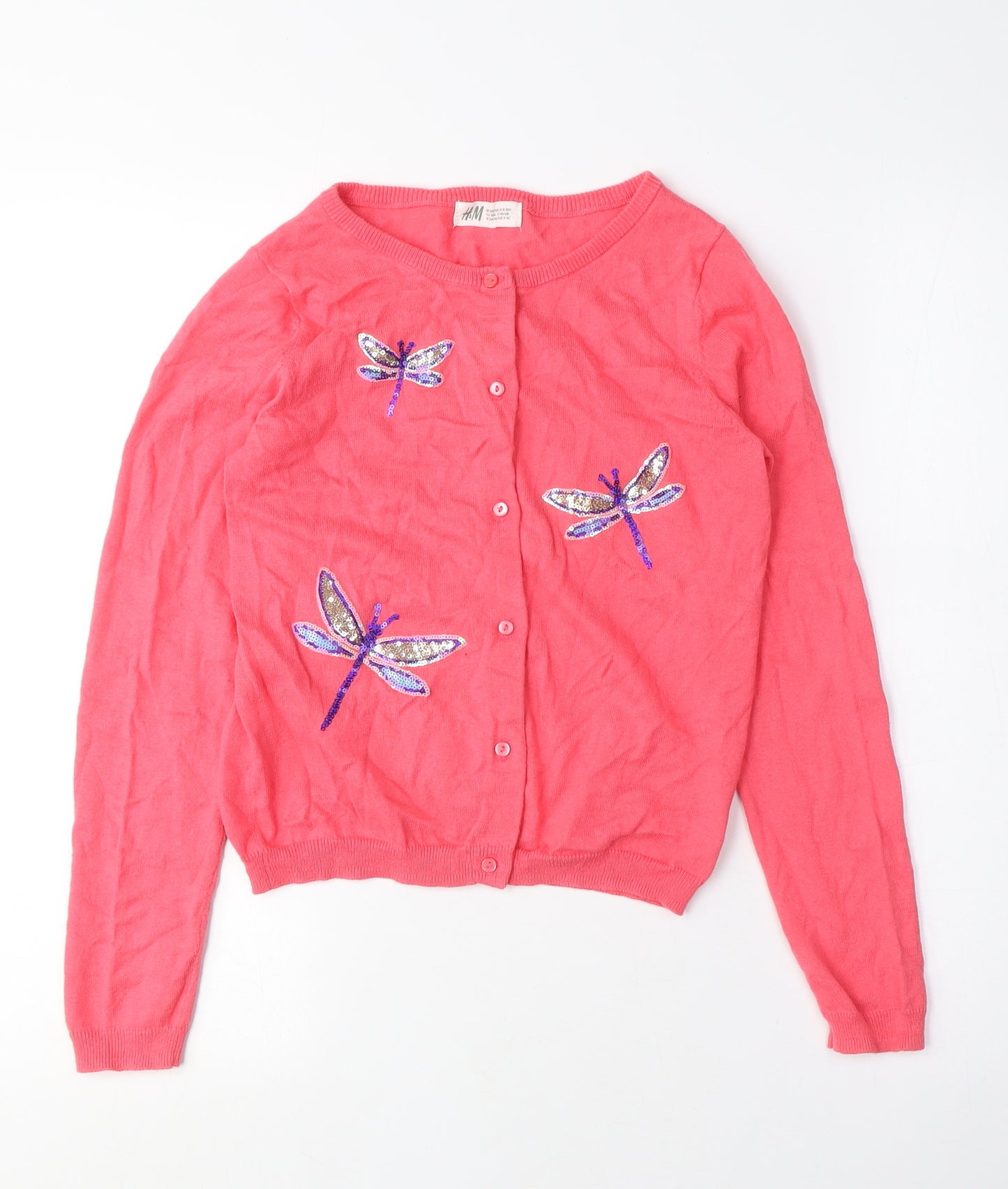 H&M Girls Pink Crew Neck Cotton Cardigan Jumper Size 9-10 Years Button - Sequins, Dragonflies