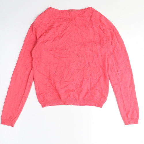 H&M Girls Pink Crew Neck Cotton Cardigan Jumper Size 9-10 Years Button - Sequins, Dragonflies