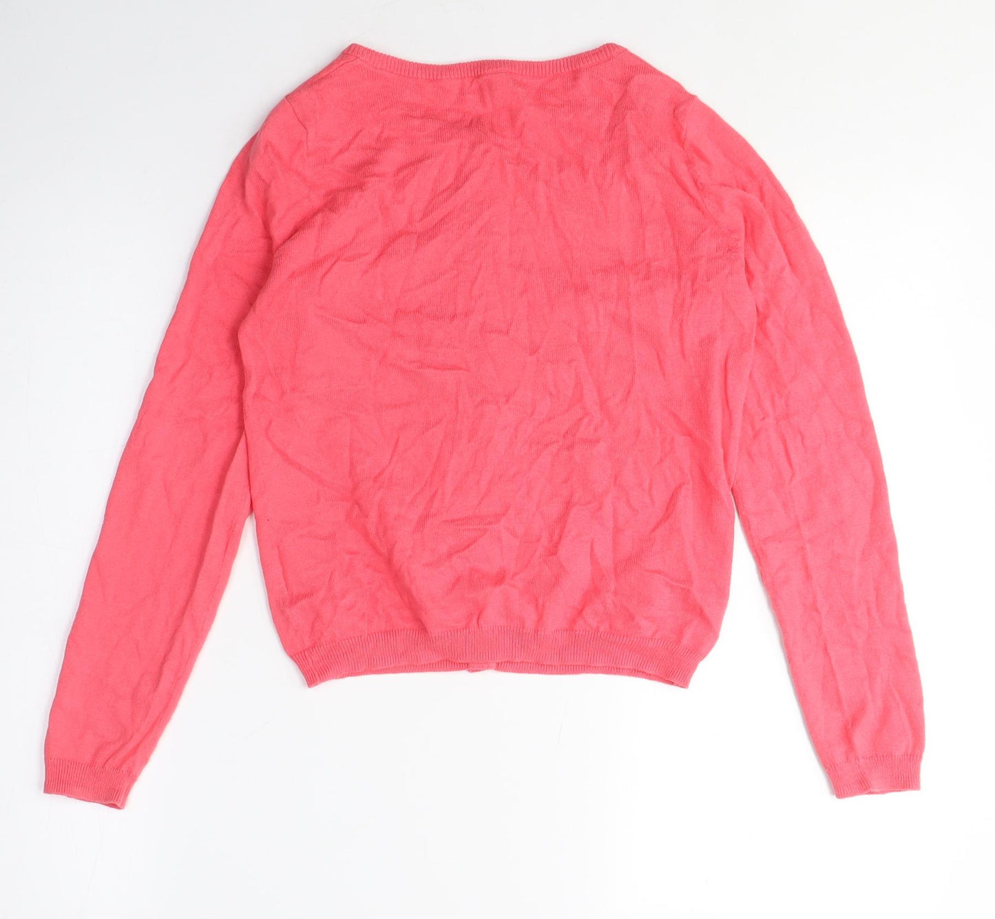 H&M Girls Pink Crew Neck Cotton Cardigan Jumper Size 9-10 Years Button - Sequins, Dragonflies