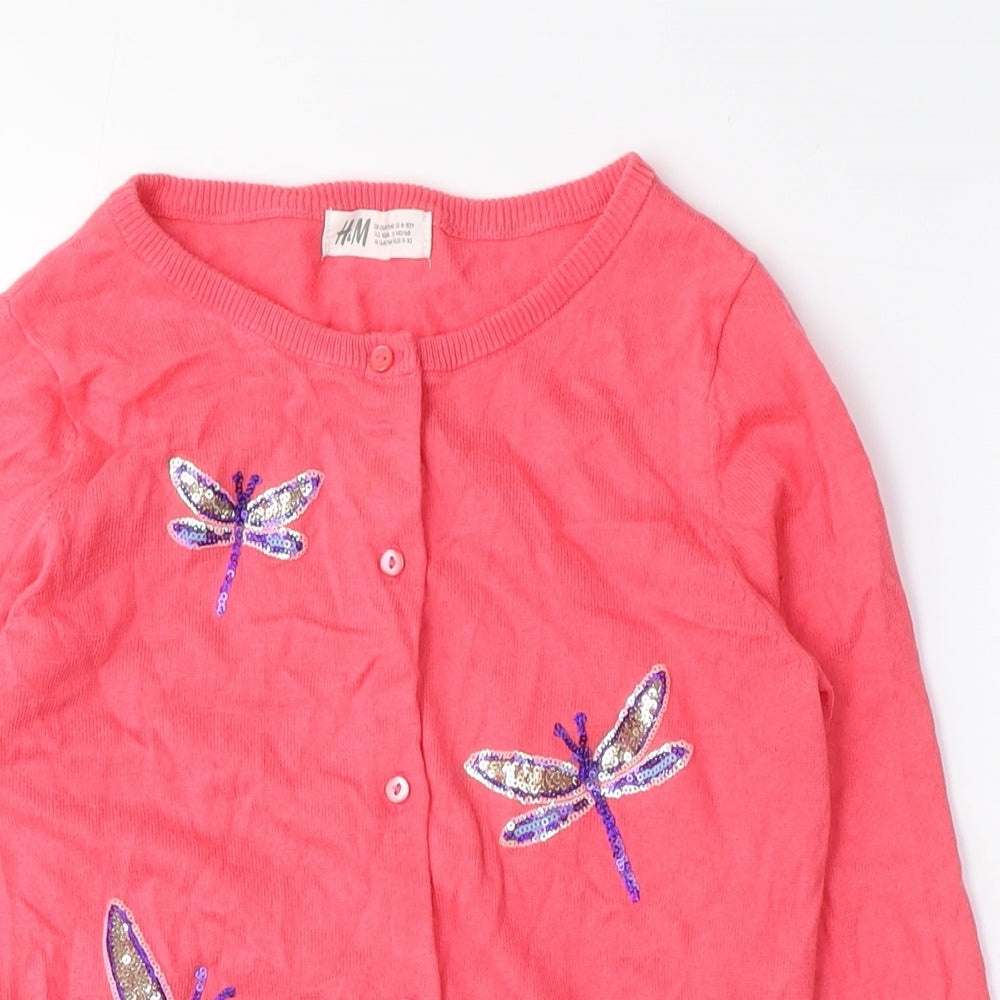 H&M Girls Pink Crew Neck Cotton Cardigan Jumper Size 9-10 Years Button - Sequins, Dragonflies