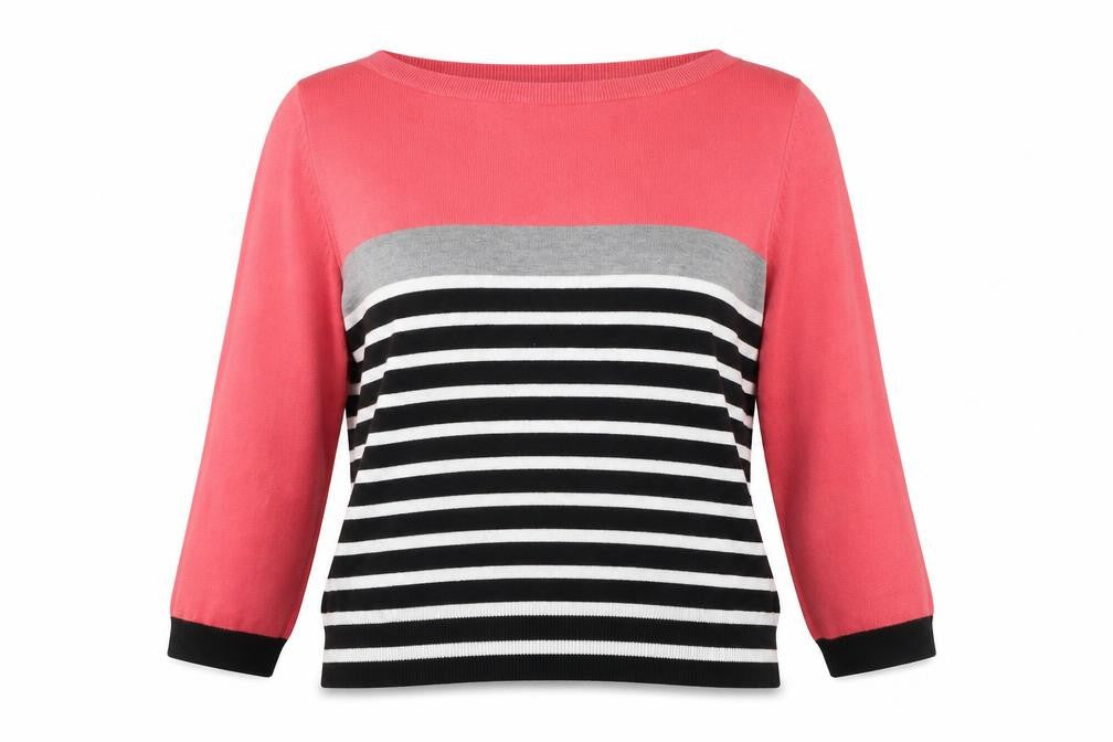 Front view of M&Co women’s pink boat neck striped nylon jumper, size S
