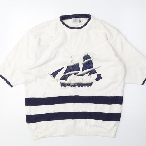 Commedeux Artistes Womens White Crew Neck Cotton Pullover Jumper Size M - Boat, Vintage